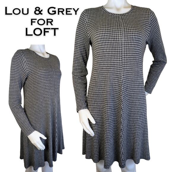 Lou & Gray Loft Swing Dress Small Black White Plaid Ponte Knit Long Sleeve Flowy - Picture 1 of 8